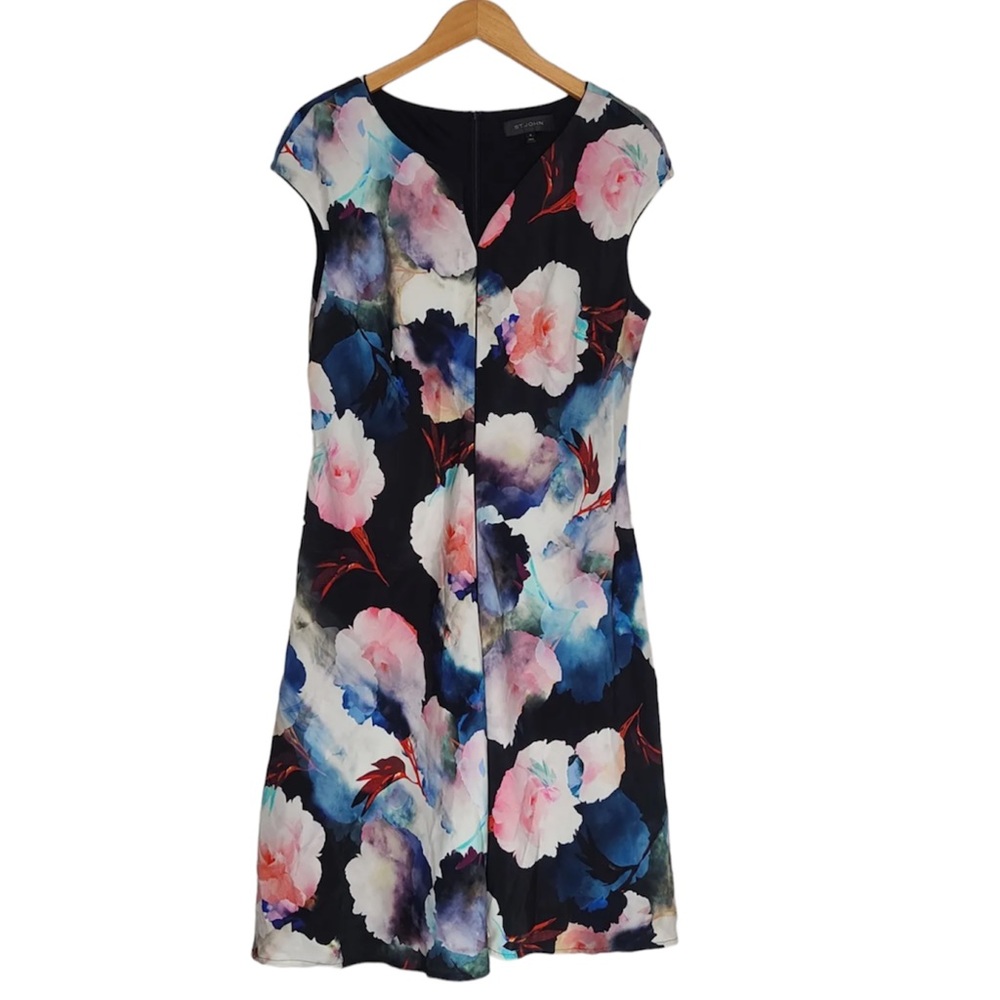 St. John Silk Sheath Dress Floral Wedding Sleeveless Size 16 Womens